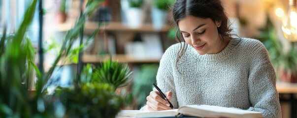 A young woman sits in a cozy environment, writing in a notebook surrounded by plants, capturing a moment of inspiration and creativity.