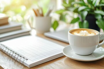 A cozy workspace featuring a latte, notepad, and greenery for an inspiring and productive atmosphere.