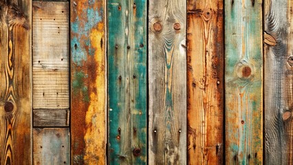 Rustic, distressed wood panels with weathered cracks, faded grain, and worn textures evoke a sense of aged charm and nostalgic, rural simplicity.