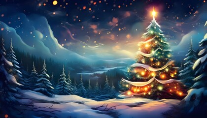 Christmas background. Xmas tree with snow decorated with garland lights, holiday festive background. Widescreen frame backdrop. New year Winter art design, Christmas scene wide screen holiday border