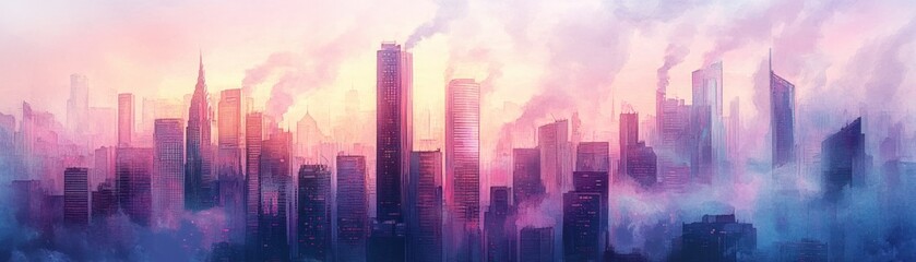 Watercolor Painting of a City Skyline with Smoke and Fog
