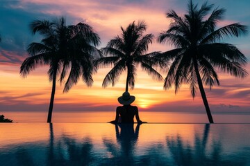 A tranquil sunset view with a silhouette of a person relaxing by the water. Palm trees frame the scene perfectly. Ideal for travel and relaxation themes. Generative AI