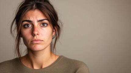 Fototapeta premium Portrait of Young Woman with Pensive Expression on Beige Background