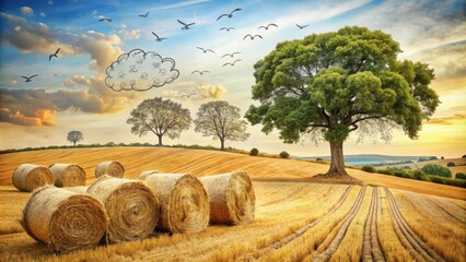 Rustic straw bales arranged in a rural landscape, accompanied by simple line drawings of trees and birds, evoking a sense of whimsical countryside charm.