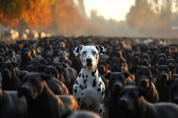 黒い犬に囲まれるダルメシアン。黒い犬に囲まれる白い犬。マイノリティ。アイデンティティ。少数派。リーダー。群衆の中で際立つ個性。