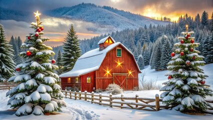Fototapeta premium Rustic winter wonderland scene featuring a traditional red barn adorned with festive holiday decorations and surrounded by snow-covered evergreen trees and rolling hills.