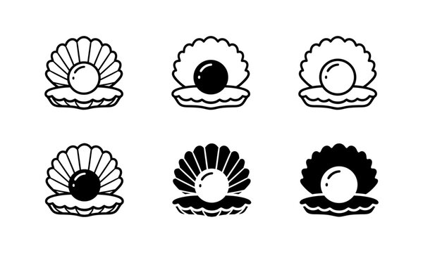 Sea shell icons. Pearl icon set. Mollusk with white and black pearls.
