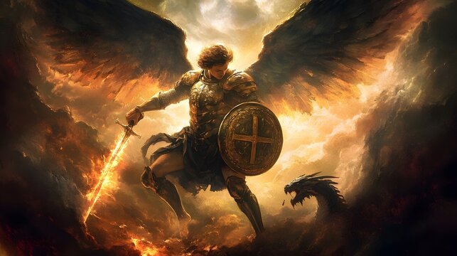 Biblical portrayal of St. Michael the Archangel in religious art, symbolizing Christianity's triumph over evil as he slays Satan with a flaming sword, embodying the ultimate spiritual battle.