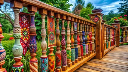 Fototapeta premium Bohemian Eclecticism: Mismatched wooden deck railing with vibrant colors, vintage patterns, and an eclectic mix of textures