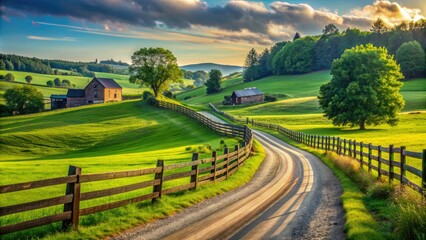 Obraz premium Rustic wooden fence lines a scenic countryside road winding through lush green rolling hills and fields of a picturesque Pennsylvania farm in summer.