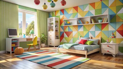 Bold and Geometric: Modern children's room with bold geometric patterns, bright colors, and playful shapes.