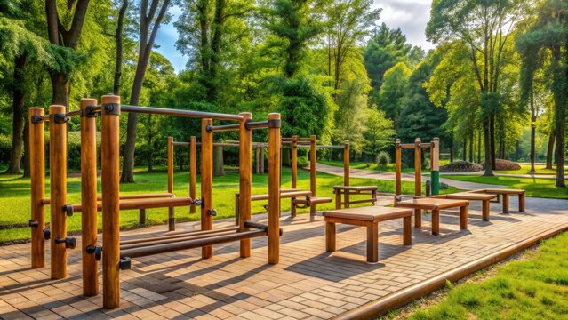 Rustic wooden parallel bars and modern exercise equipment amidst lush greenery and paved pathways in a well-maintained outdoor fitness park or gym area.