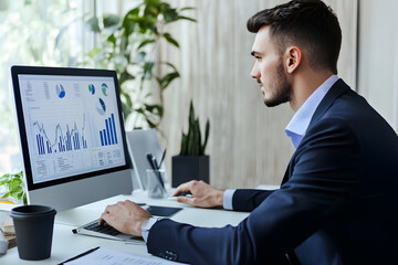 Trader man in suit analyzes data on his computer screen. Trader using his laptop