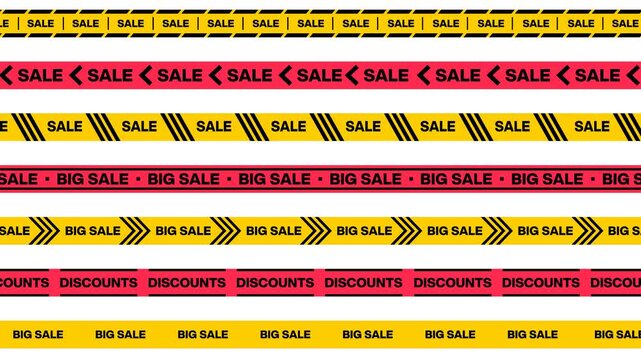 Animated Set of discount and sale tapes. Big and mega sale stripes. Special offer. Red and yellow striped borders Alpha Channel transparent