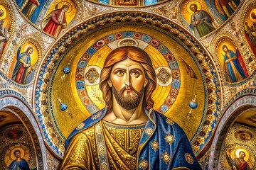 Byzantine Radiance: Shimmering mosaics, intricate iconography, warm gold accents, religious fervor