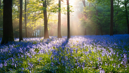 Obraz premium An early morning scene of dew-covered bluebells in a forest 