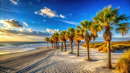 Obraz premium Sandy beach and waving palm trees line the serene shoreline of St. Simons Island, Georgia, under a cloudless blue sky with warm sunlight filtering through.