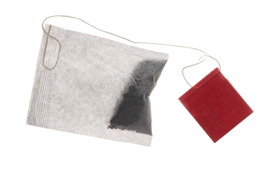 New tea bag with red tab isolated on white