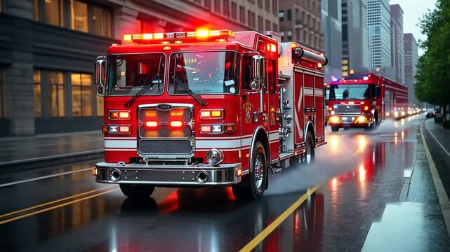 Fire truck responding to emergency call in downtown area during rainy conditions