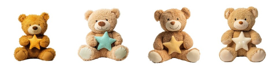Obraz premium A collection of cute teddy bears holding stars, perfect for children's rooms, nurseries, or as plush gifts for loved ones.