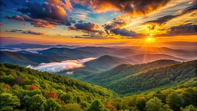 Scenic sunset over the rolling hills and mountains of Shenandoah National Park, Virginia, with lush green forests and misty valleys stretching into the distance.