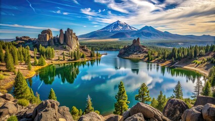 Fototapeta premium Scenic vista of majestic rock formations, desert landscape, and crystal-clear lake in Central Oregon's high desert, with majestic mountains looming in the distant horizon.
