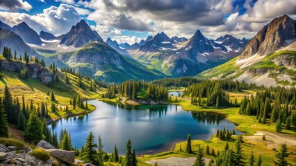 Fototapeta premium Scenic vista of rugged mountain peaks, alpine meadows, and serene lakes nestled within a protected wilderness area of a United States national park.