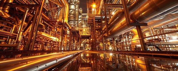 Obraz premium A low angle view of an industrial complex with an intricate network of pipes, beams, and walkways. The complex is illuminated by artificial lights, casting a warm glow on the metal surfaces.