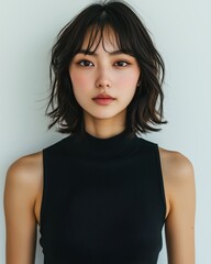 Fototapeta premium Asian woman with short, shoulder-length hair, a round face shape, bangs, light pink makeup