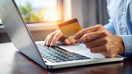 Secure online payment concept: a hand holding a credit card hovering over a laptop keyboard with a digital transactions screen in the background.
