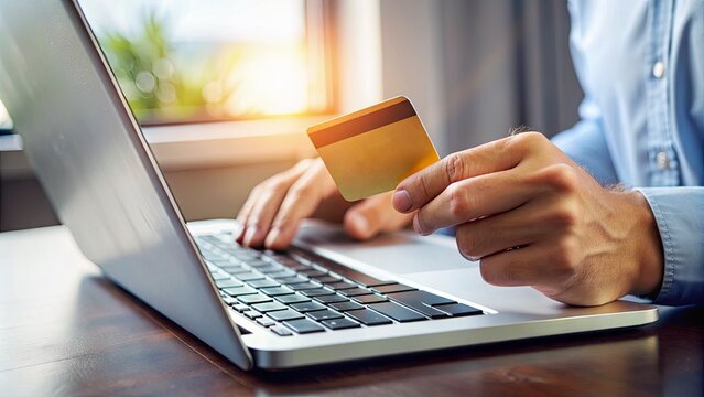 Secure online payment concept: a hand holding a credit card hovering over a laptop keyboard with a digital transactions screen in the background.