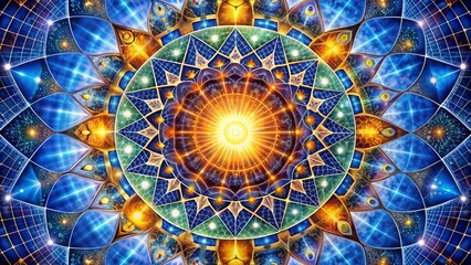 Obraz premium Celestial Solar Mandala: Spiritual, geometric, solar panels arranged in a harmonious circular pattern, evoking ancient wisdom