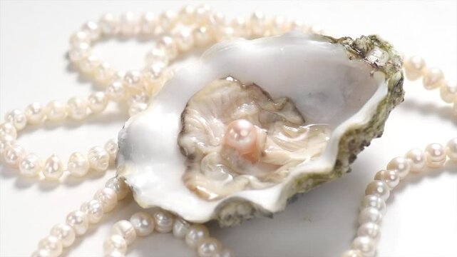 Pearl, Natural pearls inside the oyster shell, close up, rotating. Nacre. Mother-of-pearl. Jewellery. Slow motion. 