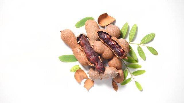 Tamarind fruit isolated on white background. Tamarind tropical pods with leaves rotating. Fresh Tamarind pods with leaves (Tamarindus indica, Indian date), healthy vegan food close up, from above. 