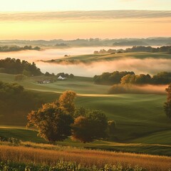 Fototapeta premium Foggy Sunrise Illuminates Colorful Farmland and Scenic Countryside