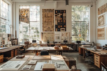 Modern design studio with large windows, white walls, industrial floor plan, multiple desks with architectural sketches, collage of wooden panels and aged papers, natural light, and creative ambiance.