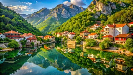 Serene Albanian village surrounded by lush green mountains and traditional stone houses with red-tiled roofs, reflecting in the calm waters of Vjos&euml; river.