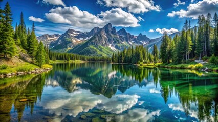 Naklejka premium Serene alpine lake surrounded by lush greenery and towering mountains reflects the majestic beauty of Idaho's wilderness under a bright blue sky.