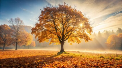 Fototapeta premium Serene autumn landscape featuring a single tree standing tall amidst a carpet of fallen leaves, with a subtle misty atmosphere and gentle warm light.