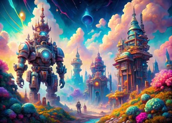 Fototapeta premium Chromatic Mech Dreamscape: Dreamy, colorful environments with towering mechs and intricate textures.