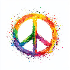 Circular rainbow peace symbol illustration with splatter drops