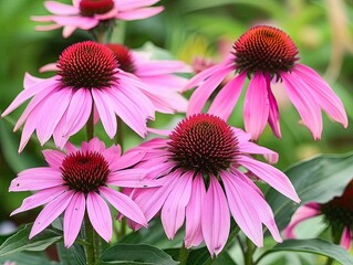 Close-up of pink coneflowers in bloom with green foliage in the background.