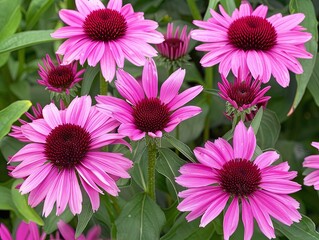 Fototapeta premium A close-up of several vibrant pink coneflowers in bloom with green foliage in the background.