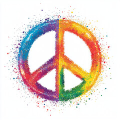 Circular rainbow peace symbol illustration with splatter drops