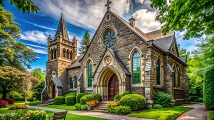 Serene exterior of a historic stone church with intricate carvings, ornate stained glass windows, and a grand entrance surrounded by lush greenery.