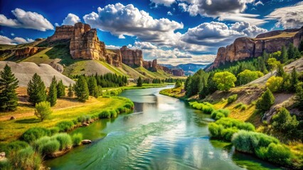 Fototapeta premium Serene Green River winds through lush greenery and rugged rock formations in a picturesque Wyoming landscape under a brilliant blue sky.