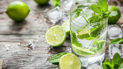 Fototapeta premium Refreshing Mojito Cocktail with Mint and Lime on Wooden Table
