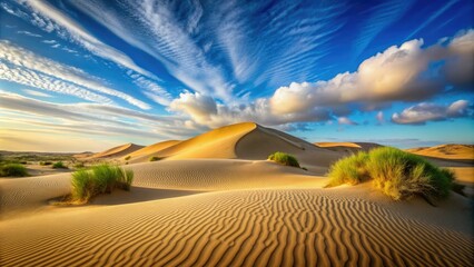 Serene isolated sandy dune landscape with gentle rolling hills and subtle texture, set against a clear blue sky with a few wispy clouds.