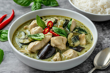 The photo of delicious Thai food Green Curry Chicken serve with steam rice decorate with ingredients  