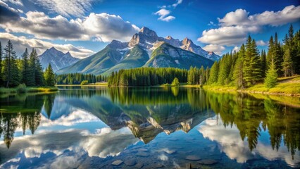 Serene lake scene with calm water reflecting majestic mountain peaks, surrounded by lush green forest, under a clear blue sky with few wispy clouds.